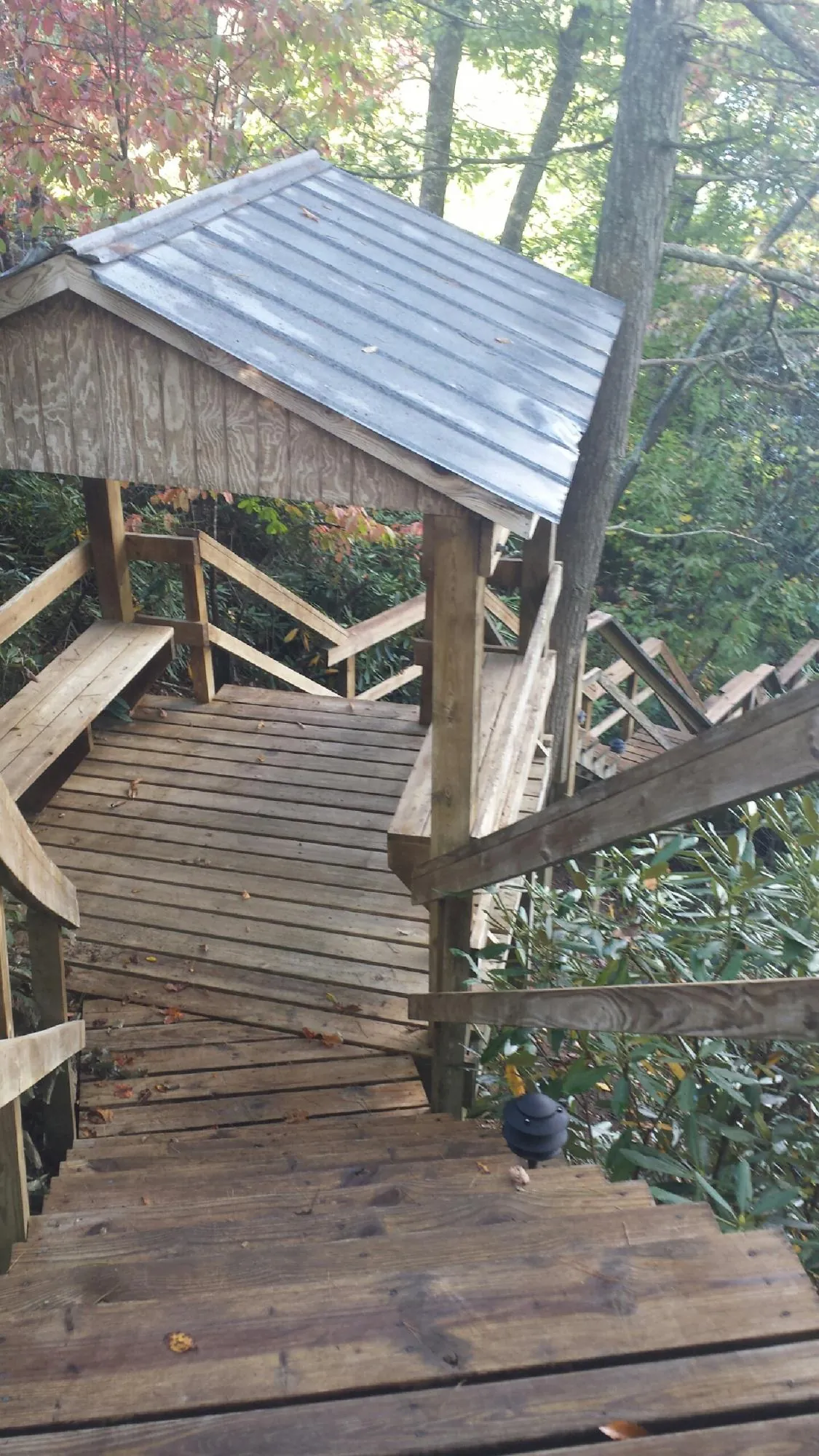 Metal roofed shelter over wooden steps on a wooded walkway — Skylight Repair & Installation work by our crew in Reardan